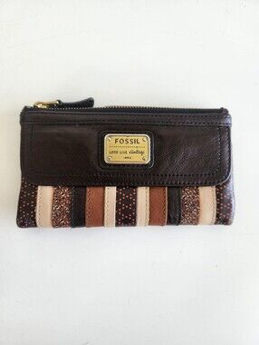 FOSSIL Long Live Vintage Multicolor Brown Patchwork Leather Wallet Clutch